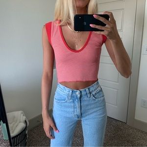 Free People Movement Red and White Striped V Neck